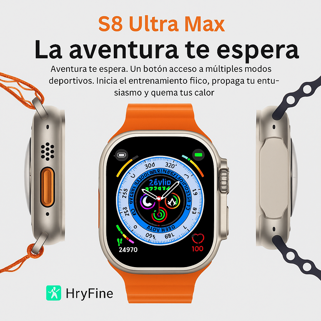 Smartwatch S8 ultra MAX (reloj inteligente) Erisel Controla la música de tu celular.  Notificaciones de redes sociales.  Avisa de llamadas entrantes.  Contestar y realizar llamadas.  Monitorea ritmo cardiaco.  Oxímetro etc...