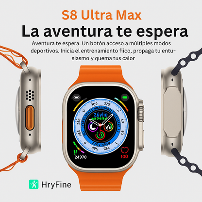 Smartwatch S8 ultra MAX (reloj inteligente) Erisel Controla la música de tu celular.  Notificaciones de redes sociales.  Avisa de llamadas entrantes.  Contestar y realizar llamadas.  Monitorea ritmo cardiaco.  Oxímetro etc...
