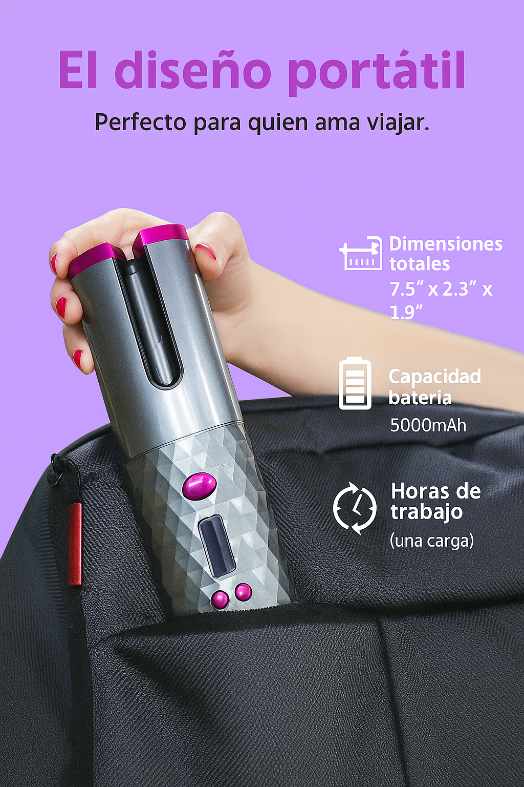 Rizador de Pelo ERISEL 6 Tipos de ajustes para diferentes ondas, batería de 5000mAh pantalla led, llega hasta los 210º de temperatura